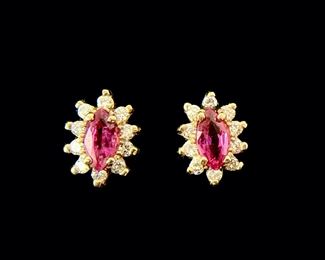Fine 14K Yellow Gold Oval Ruby & Diamond Pierced Earrings, 1.9 Grams
