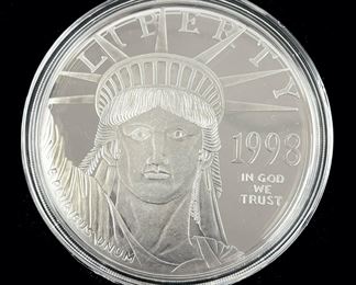 1998 U.S. Washington Mint Giant Quarter-Pound Platinum Coated .999 Silver Eagle Proof Coin W/ Certificate Of Authenticity