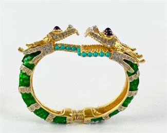 Kenneth Jay Lane Double Head Dragon Green Enamel Rhinestone Hinge Cuff Bracelet