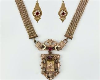 Fantastic Antique Victorian Gold Filler Owl Pendant 18" Necklace W/ Ruby & Mother Of Pearl Pieced Drop Dangle Earrings
