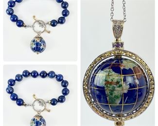 Fine Sterling Silver Two Tone LapisLazuli Inlaid Multi Gemstone RotatingGlobe 20" Necklace W/ 2 Matching 8.5" Bracelets
