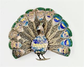 Fine Sterling Silver Filigree Enamel Peacock Pin Brooch, 10 Grams
