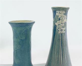 2 Signed Early Newcomb College Art Pottery Blue Small Vessel Vases
