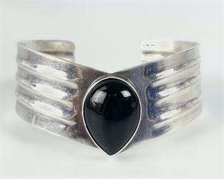 Fine Sterling Silver Black Onyx Cuff Bracelet Modernist Style, 34 Grams
