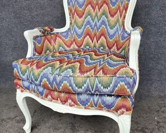 Vintage French Arm Chair Ikat Style Textile Hollywood Regency style
