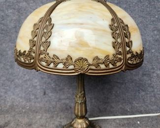 Fancy Vintage Leaded Glass Gilt Painted Aluminum Table Lamp
