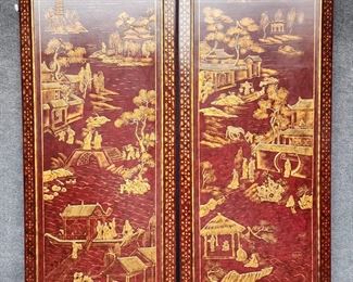LARGE Pair Asian Chinoiserie Red & Gilt Painted Lacquer Works Of Art Panels could make a two panel room divider screen
