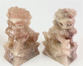 Early 20th C Asian Carved Rose Agate Bonded Foo Dog Bookends
