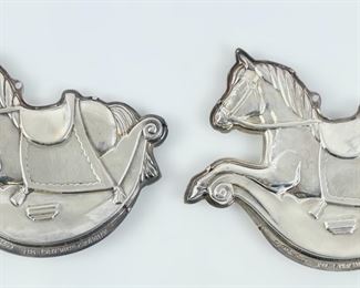 2 Vintage Kirk Stieff Silver Plated Williamsburg Rocking Horse Christmas Ornaments

