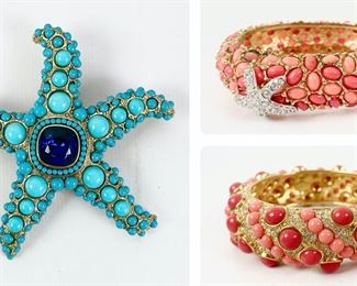 Kenneth Jay Lane KJL Faux Coral & Turquoise ocean see inpired Pin Brooch & Hinge Bangle Braceleta
