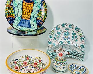 Italian Crescent Shape Deruta Terracotta Dishes, Studio Art Pottery Hand Made Signed Sevilla Cruz Bowl, Creamer, Small Dish And Mexican Hand Painted Fish Plates .

