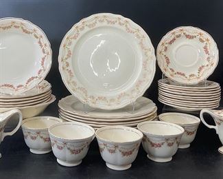 Semi Vitreous Edwin M Knowles China Co. 4811 Gold Trim Floral Patterns Dinner Plates, Salad Plates, Saucers, Tea Cups, Creamer, Lidded Sugar Jar, and Soup Bowls
