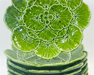 Vintage Set Of Eight Portuguese Green Leaf Plates
