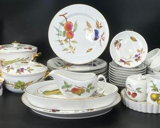 Royal Worcester Evesham Fine Porcelain Plates, Saucers, Tea Cups, Lidded Tureens, Creamer, Sugar Jar, and More
