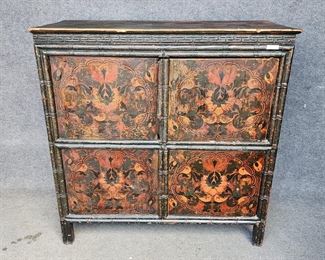 Fantastic Antique Hand Painted Lotus Painting Faux Bamboo Tibetan 4 Door Cabinet
