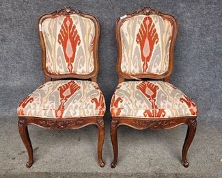 Pair 20th Century Carved French Side Chairs Ikat Textile upholstery high quality
