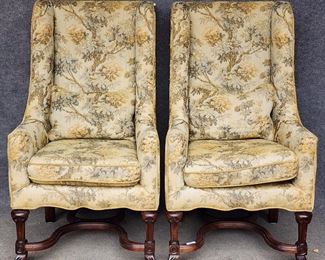 Fantastic Pair 20th c Continental Style Wood tapestry style Upholstered Lounge Chairs
