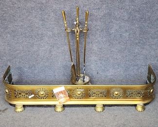 Mid 19th Century Antique Brass Fire Place Fender & Fireplace Tools
