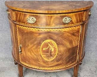 20th C Maitland Smith Inlaid Demi Lune 1 Door 3 Drawer Chest
