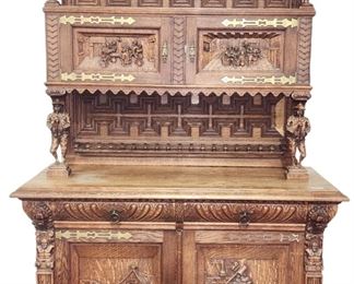 FAntastic Late 19th European Carved Oak Step Back Cupboard Carved figures
