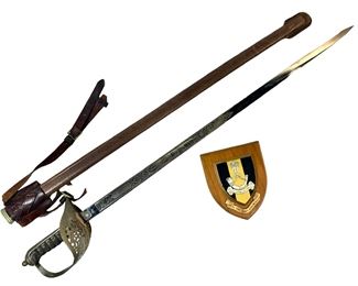 Vintage Eickhorn Queen Elizabeth II Regina Proved Royal Shield of Arms Sword with 11th Battalion The Kings African Rifles Painted Wooden Crest
