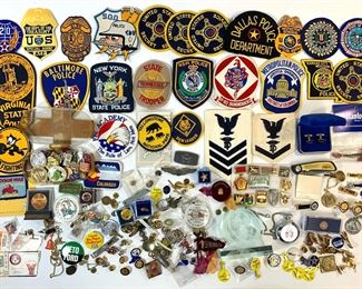 Vintage Expansive Police Patch, Political Ephemera, Pin, and Cufflinks Collection Including State Police Patches, MP Ronald Reagan Matches, USSR Pocket Watch & Pins, Veto Ford Button, and Much More
