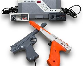 Action Max Video System Gaming Console and a Light Gun Controller w/ Retro Bonus Accessories Including: A Nintendo NES Controller Model: NES-004, A SEGA Master System Control Pad Controller Model: 3020, and a Nintendo NES Zapper Grey Light Gun Model: NES-006
