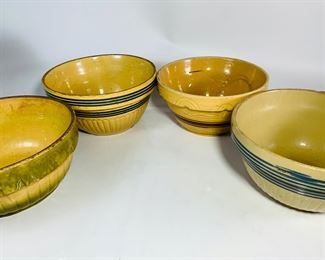 Four Antique Yellow Ware Pottery Large Mixing Bowls
