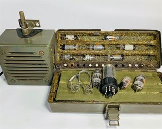 Vintage US Army Signal Loudspeaker Sound System LS-I66/U Dynamic Loudspeaker With Spare Parts Box - Tubes, Fuses, Lamps, RCA Vacuum Tubes and More
