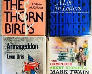1957 The Complete Short Stories of Mark Twain By Charles Neider, 1964 Armageddon by Leon Uris, 1977 The Thorn Birds by Colleen McCullough, and 1975 Steinbeck-A Life in Letters by Elaine Steinbeck
