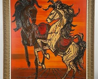 Fantastic Lee Burr Original Painting on Board. Abstract Figural Horses Signed MCM
