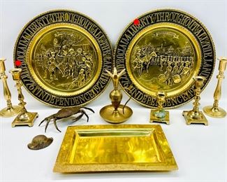 Pair Of Large Brass 1776 LIBERTY Declaration Wall Plaques 14" Peerage , Brass Candle Holders, Rectangular Tray, Brass Crab Decor And More
