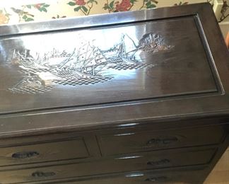 Small Black Chest of Drawers, Carved Inlay Design
