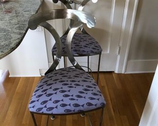 Two Bar Stools with Fish Design Upholstery