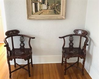 Two Chinese Carved Corner Chairs