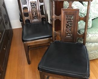 Asian Carved Dining Chairs with Black Upholstery