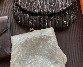 White Beaded Shell Clutch, Black Beaded Evening Clutch