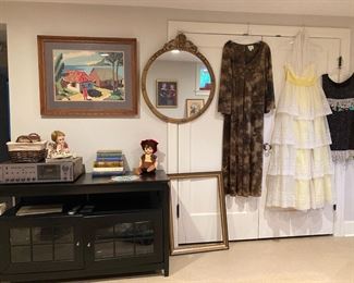 Framed Print of Village on the Water, Ornate Gold Wooden Mirror, Black Entertainment City with Glass Front