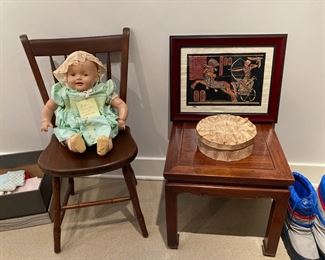 Vintage Dinging Chair, Side Table, Ski/Snow Boots, Egyptian Warrior Framed Artwork