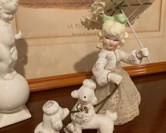 Vintage Figurine - Girl with Umbrella Walking Poodles