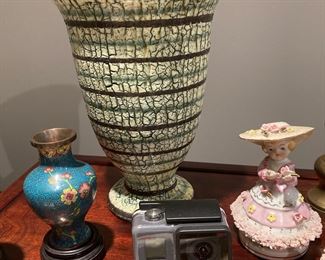 Small Cloisonné Vase, Distressed Green and Black Vase, Go Pro Hero Camera, Napco Girl Figurine