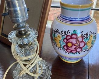 Cut Glass Lamp, Czech Hand Painted Vase