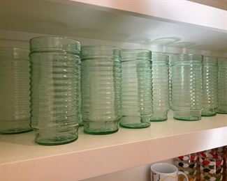 Set of Clear Green Ribbed Drinking Glasses