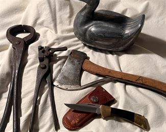 Antique Tools, Case Knife, and a Marble & Arms Hatchet 1896 with Safety Folding Edge Guard