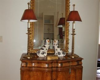 Antique English chest and matching lamps and Staffordshire dogs