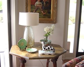 Octagon table with glass lamp and Staffordshire dog
