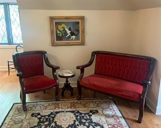 Upholstered Empire-style sofa, chair