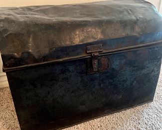 Beat Up Metal Round Top Blanket Chest…Some charm tho
