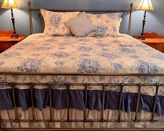 KING BED w/Pewter type finish Complete Headboard/Footboard/ Rails….Beautiful  Toile King Bedding….TEMPUR-PEDIC KING Mattress Excellent !