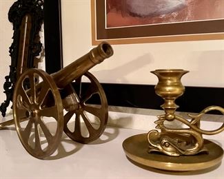 Small Brass Cannon & Candlestick Vintage